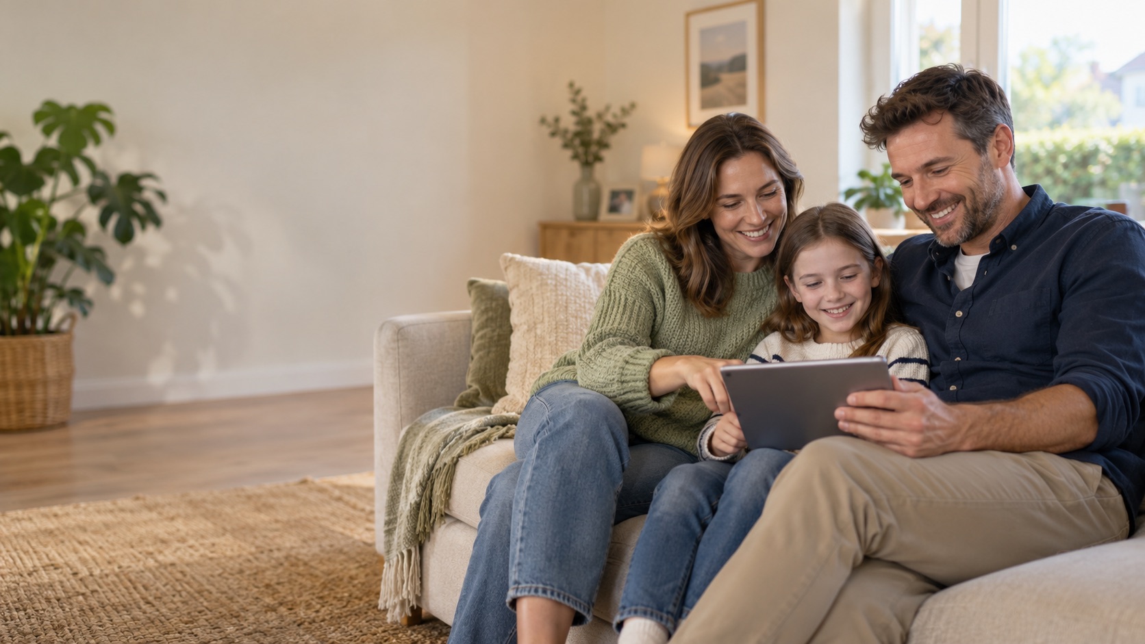 A family at home using a tablet